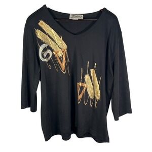 Victoria Abstract Art Black Top XL 3/4 Sleeve Blouse Combed Cotton USA‎ Made